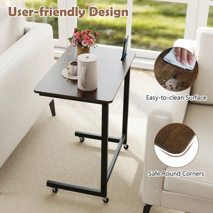 C-shaped End Table with Wheels Mobile Bedside Table with Built-in Phone Slot-Rustic Brown - Rustic Brown - End & Side