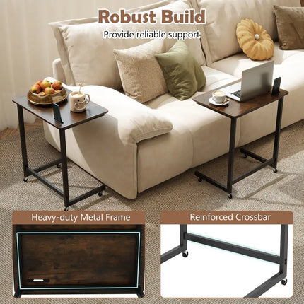 C-shaped End Table with Wheels Mobile Bedside Table with Built-in Phone Slot-Rustic Brown - Rustic Brown - End & Side