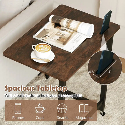 C-shaped End Table with Wheels Mobile Bedside Table with Built-in Phone Slot-Rustic Brown - Rustic Brown - End & Side