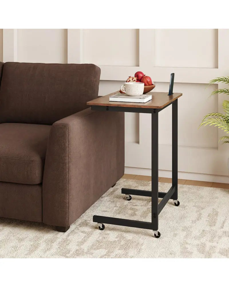 C-shaped End Table with Wheels Mobile Bedside Table with Built-in Phone Slot-Rustic Brown - Rustic Brown - End & Side