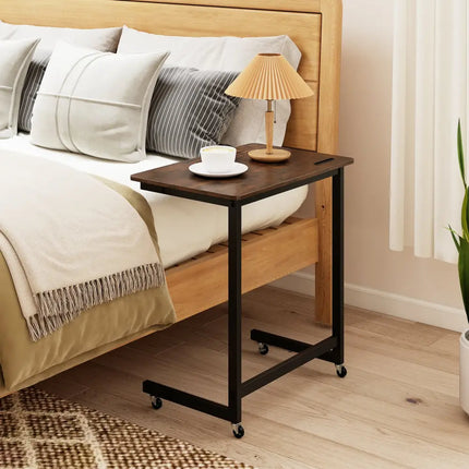 C-shaped End Table with Wheels Mobile Bedside Table with Built-in Phone Slot-Rustic Brown - Rustic Brown - End & Side