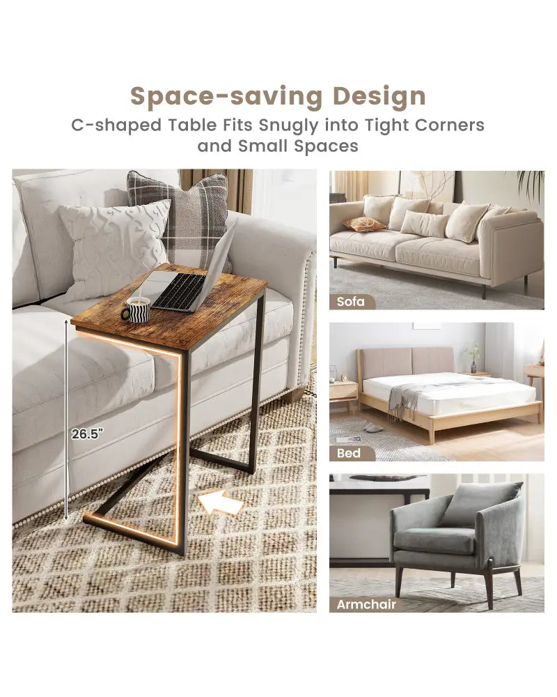 C-shaped Industrial End Table with Metal Frame - Rustic Brown - End & Side Tables