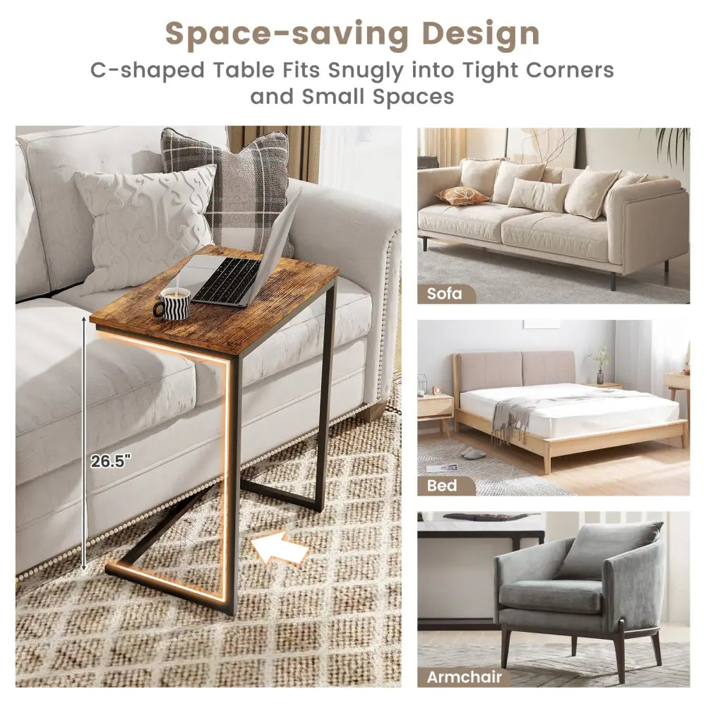C-shaped Industrial End Table with Metal Frame - Rustic Brown - End & Side Tables