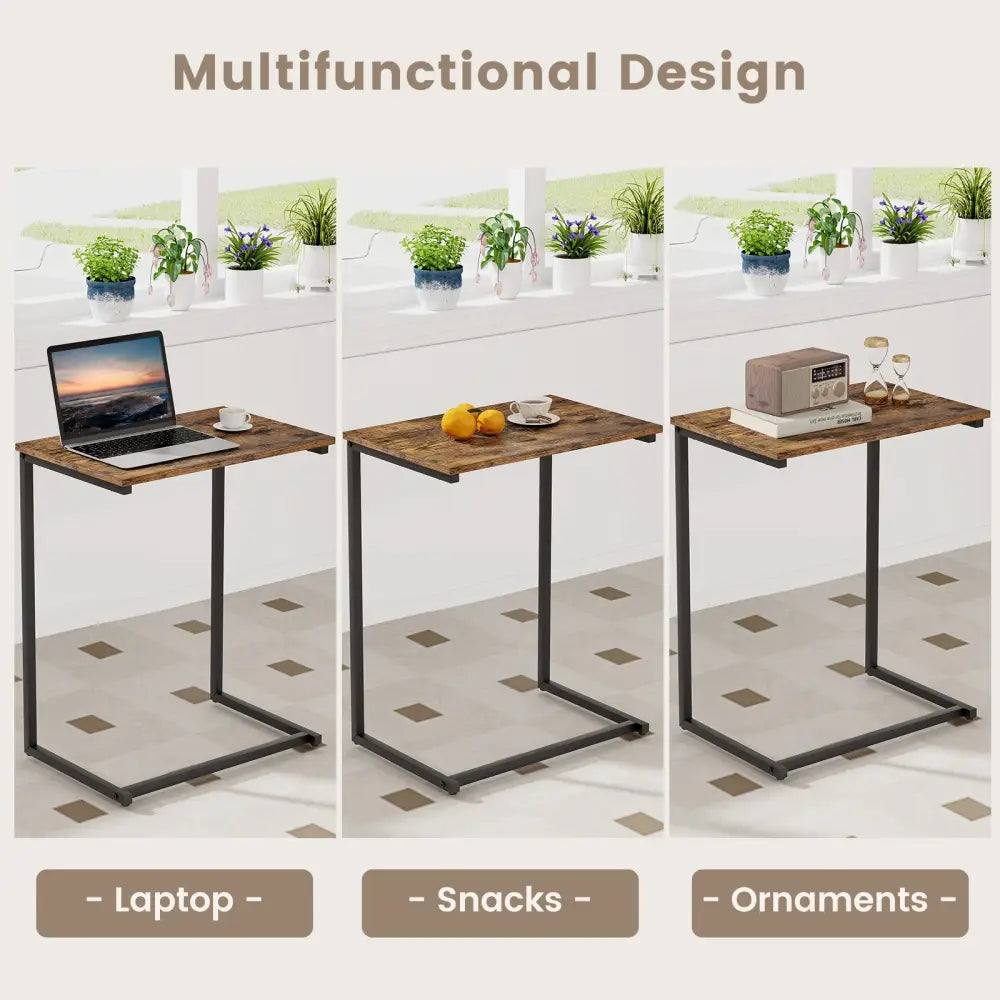 C-shaped Industrial End Table with Metal Frame - Rustic Brown - End & Side Tables
