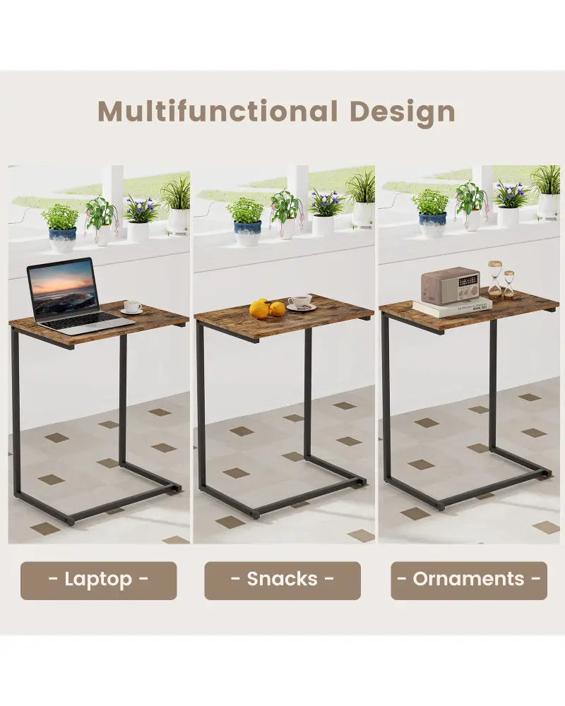 C-shaped Industrial End Table with Metal Frame - Rustic Brown - End & Side Tables