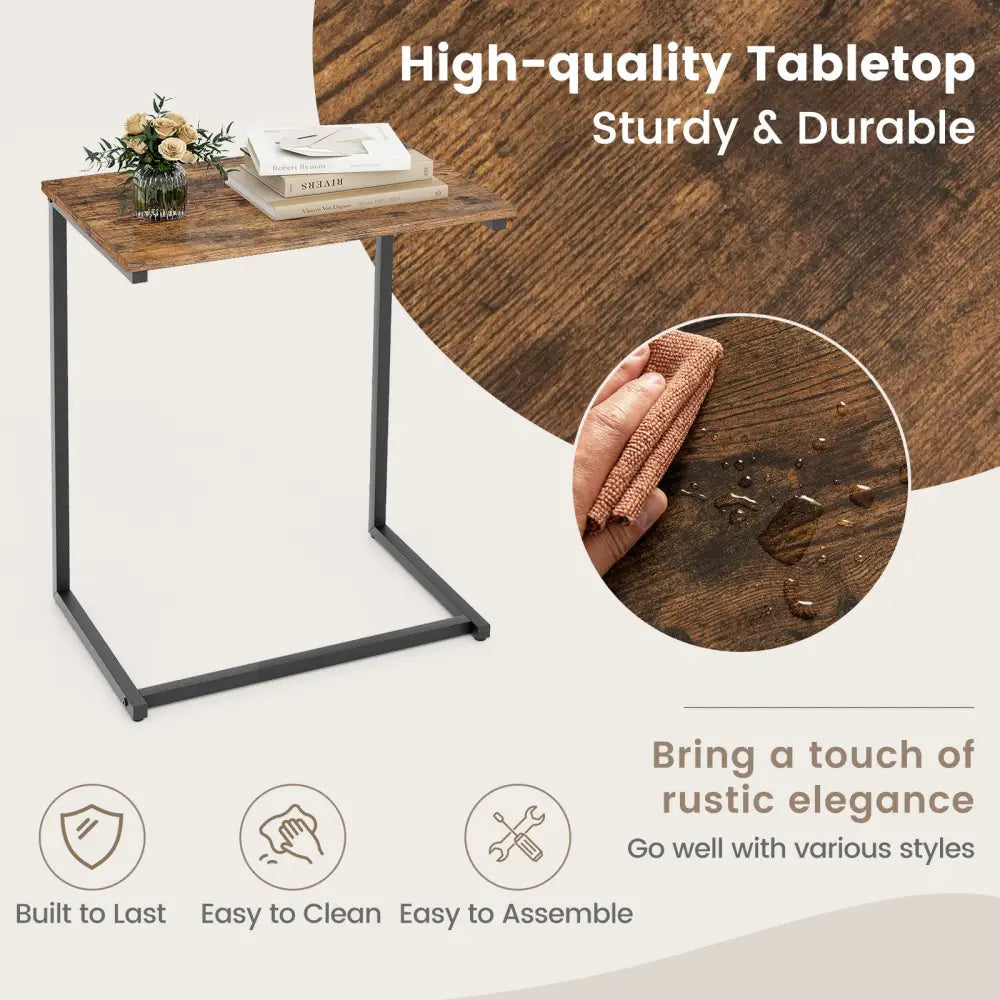 C-shaped Industrial End Table with Metal Frame - Rustic Brown - End & Side Tables