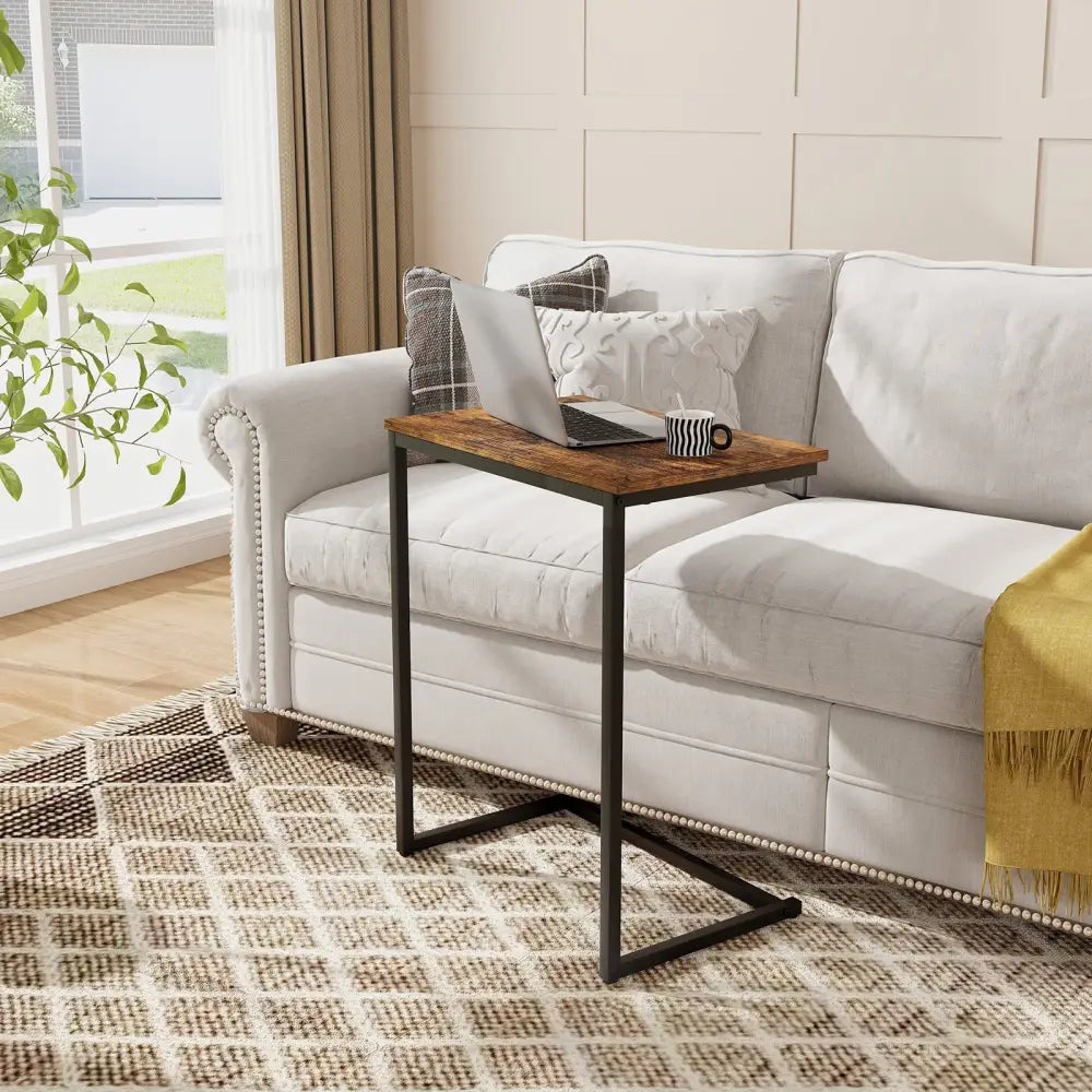 C-shaped Industrial End Table with Metal Frame - Rustic Brown - End & Side Tables