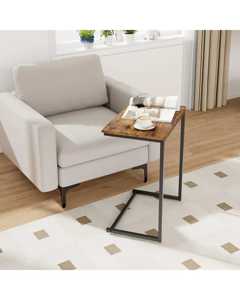 C-shaped Industrial End Table with Metal Frame - Rustic Brown - End & Side Tables