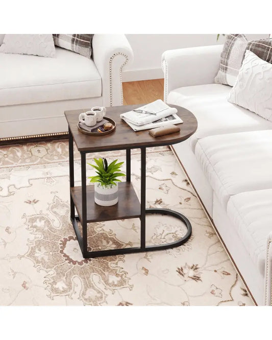 C-shaped Modern Sofa Side Table with Faux Marble Tabletop and Storage Shelf-Rustic Brown - Rustic Brown - End & Side