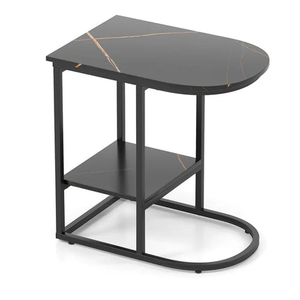 C-shaped Modern Sofa Side Table with Faux Marble Tabletop and Storage Shelf-Black - Black - End & Side Tables