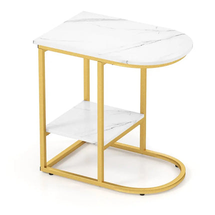 C-shaped Modern Sofa Side Table with Faux Marble Tabletop and Storage Shelf-White - White - End & Side Tables