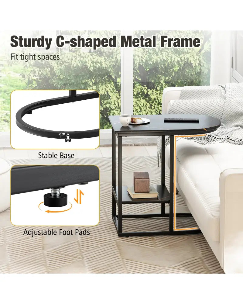 C-shaped Modern Sofa Side Table with Faux Marble Tabletop and Storage Shelf-Black - Black - End & Side Tables