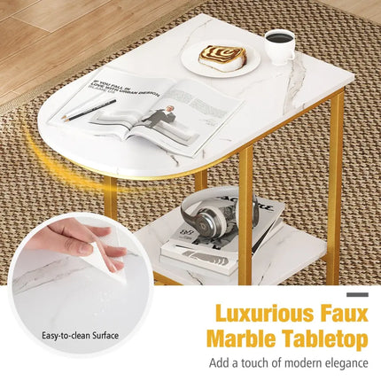 C-shaped Modern Sofa Side Table with Faux Marble Tabletop and Storage Shelf-White - White - End & Side Tables