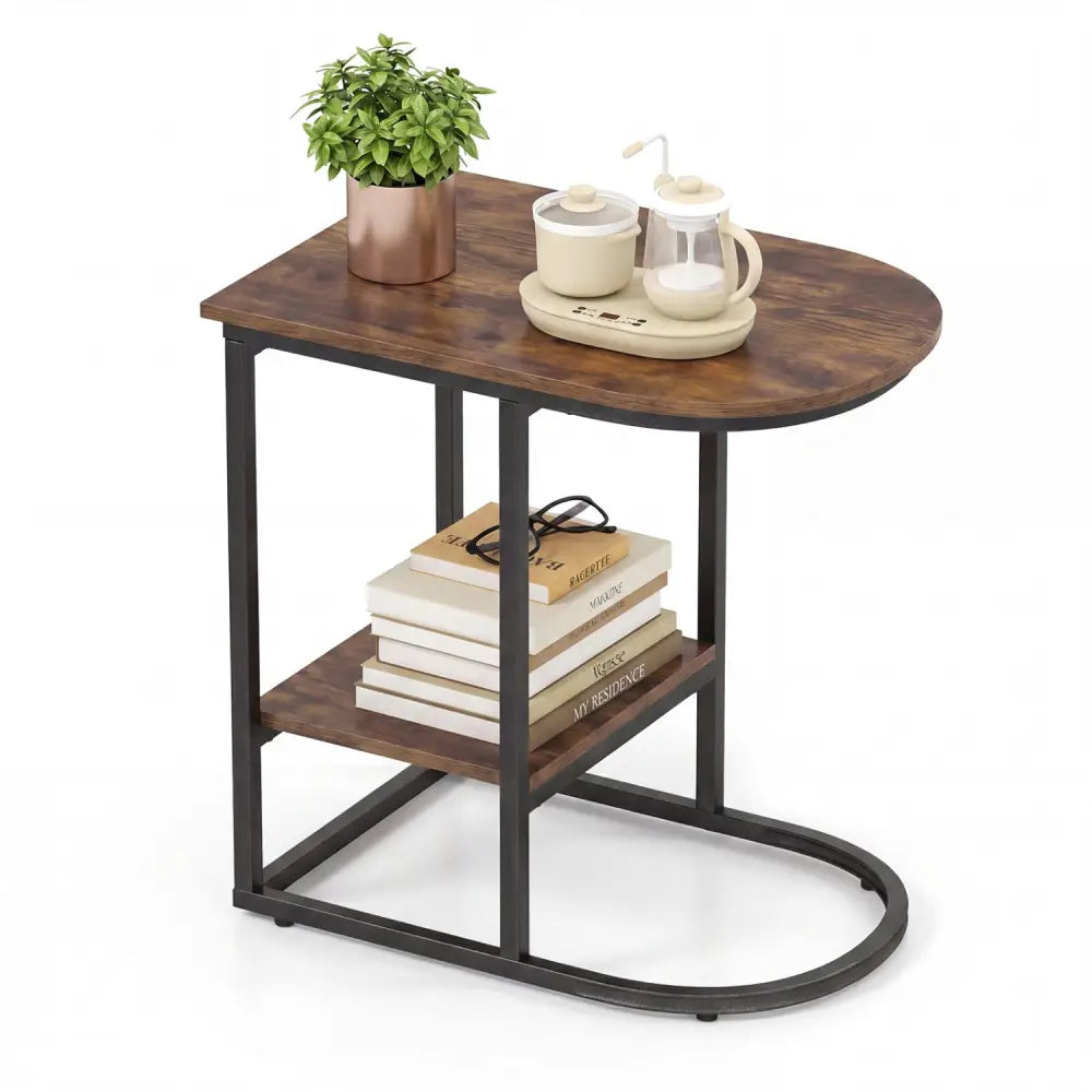 C-shaped Modern Sofa Side Table with Faux Marble Tabletop and Storage Shelf-Rustic Brown - Rustic Brown - End & Side