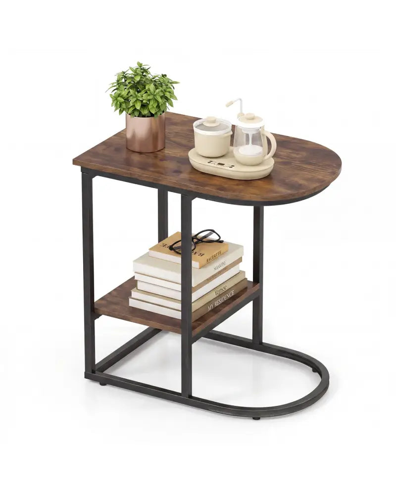 C-shaped Modern Sofa Side Table with Faux Marble Tabletop and Storage Shelf-Rustic Brown - Rustic Brown - End & Side