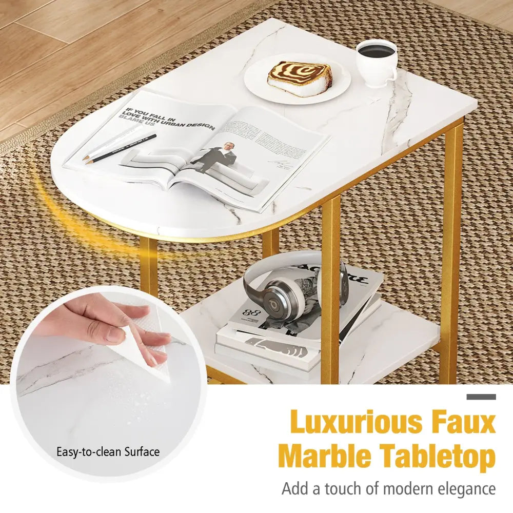 C-shaped Modern Sofa Side Table with Faux Marble Tabletop and Storage Shelf-White - White - End & Side Tables