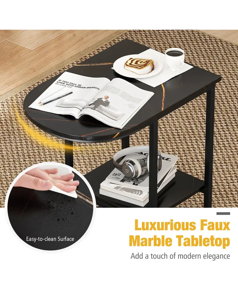 C-shaped Modern Sofa Side Table with Faux Marble Tabletop and Storage Shelf-Black - Black - End & Side Tables
