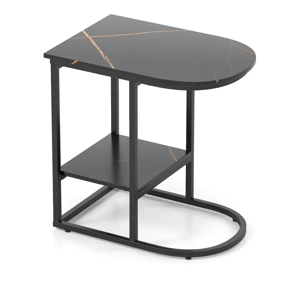 C-shaped Modern Sofa Side Table with Faux Marble Tabletop and Storage Shelf-Black - Black - End & Side Tables