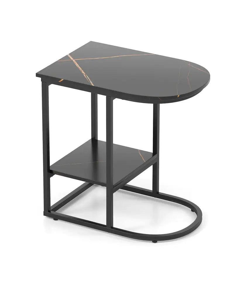 C-shaped Modern Sofa Side Table with Faux Marble Tabletop and Storage Shelf-Black - Black - End & Side Tables