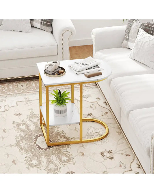 C-shaped Modern Sofa Side Table with Faux Marble Tabletop and Storage Shelf-White - White - End & Side Tables