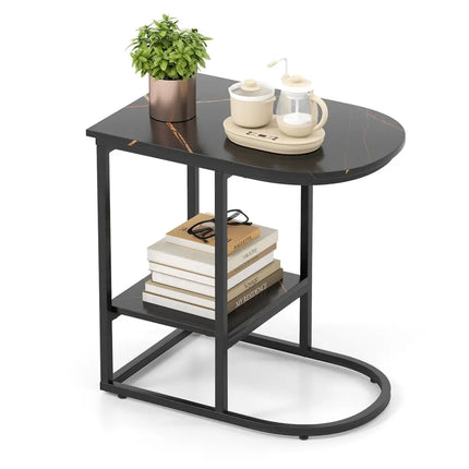 C-shaped Modern Sofa Side Table with Faux Marble Tabletop and Storage Shelf-Black - Black - End & Side Tables
