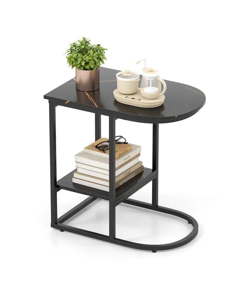 C-shaped Modern Sofa Side Table with Faux Marble Tabletop and Storage Shelf-Black - Black - End & Side Tables