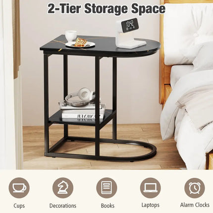 C-shaped Modern Sofa Side Table with Faux Marble Tabletop and Storage Shelf-Black - Black - End & Side Tables