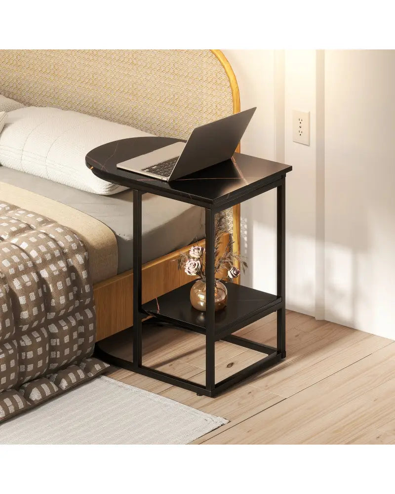 C-shaped Modern Sofa Side Table with Faux Marble Tabletop and Storage Shelf-Black - Black - End & Side Tables