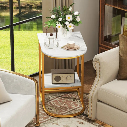 C-shaped Modern Sofa Side Table with Faux Marble Tabletop and Storage Shelf-White - White - End & Side Tables