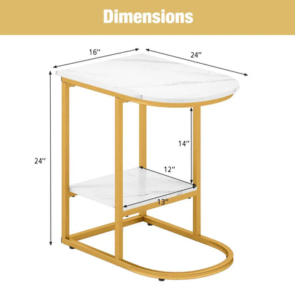 C-shaped Modern Sofa Side Table with Faux Marble Tabletop and Storage Shelf-White - White - End & Side Tables