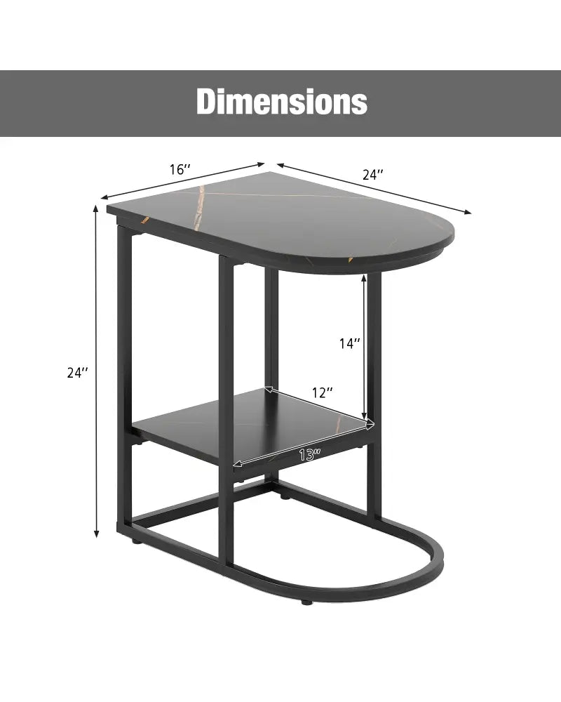 C-shaped Modern Sofa Side Table with Faux Marble Tabletop and Storage Shelf-Black - Black - End & Side Tables