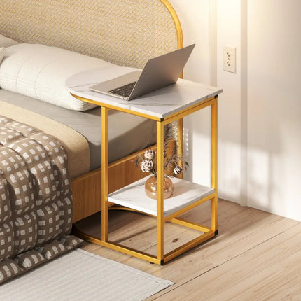 C-shaped Modern Sofa Side Table with Faux Marble Tabletop and Storage Shelf-White - White - End & Side Tables
