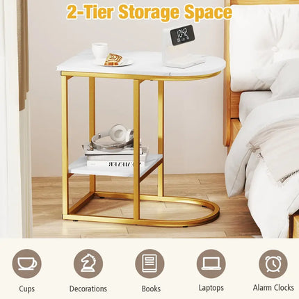 C-shaped Modern Sofa Side Table with Faux Marble Tabletop and Storage Shelf-White - White - End & Side Tables