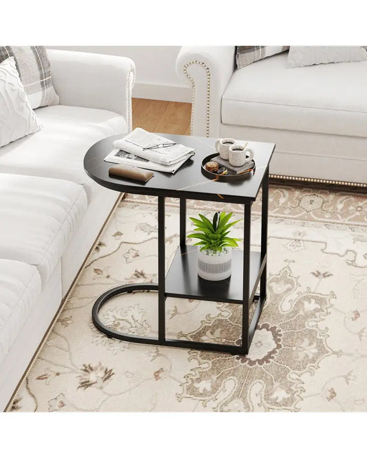 C-shaped Modern Sofa Side Table with Faux Marble Tabletop and Storage Shelf-Black - Black - End & Side Tables