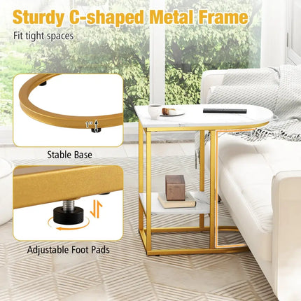 C-shaped Modern Sofa Side Table with Faux Marble Tabletop and Storage Shelf-White - White - End & Side Tables