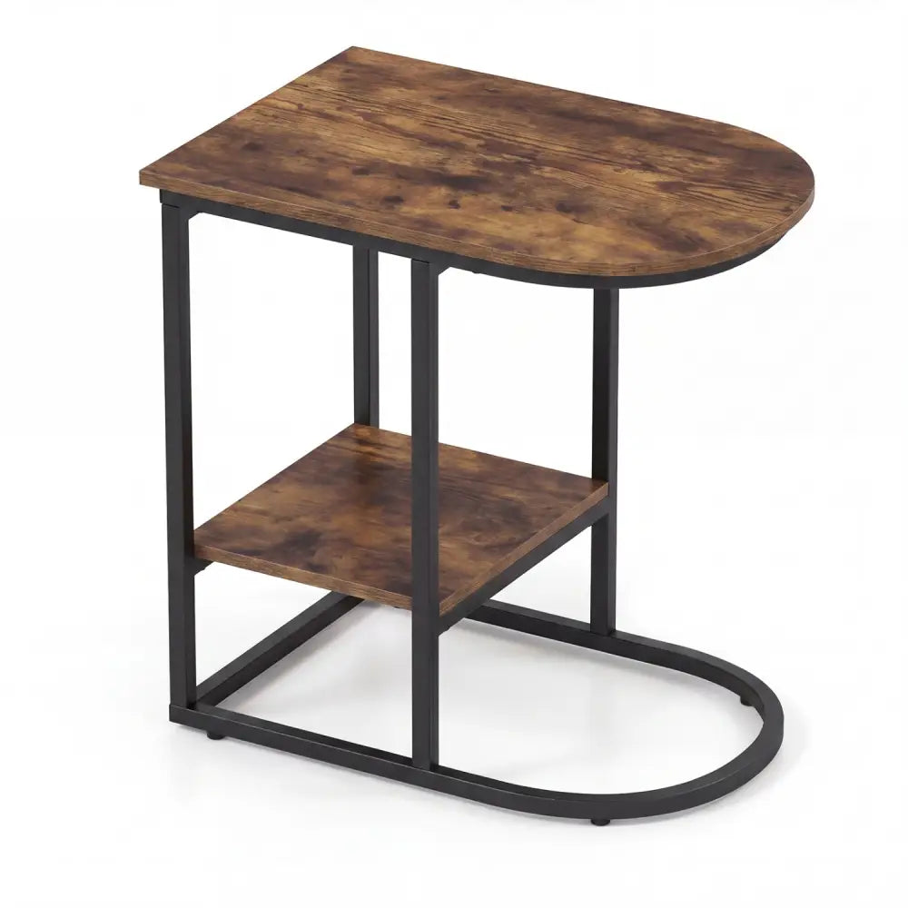 C-shaped Modern Sofa Side Table with Faux Marble Tabletop and Storage Shelf-Rustic Brown - Rustic Brown - End & Side