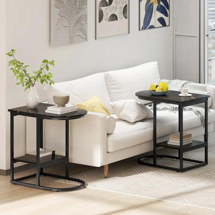 C-shaped Modern Sofa Side Table with Faux Marble Tabletop and Storage Shelf-Black - Black - End & Side Tables