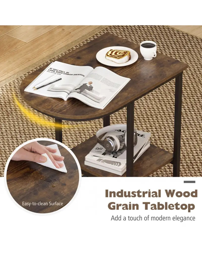 C-shaped Modern Sofa Side Table with Faux Marble Tabletop and Storage Shelf-Rustic Brown - Rustic Brown - End & Side