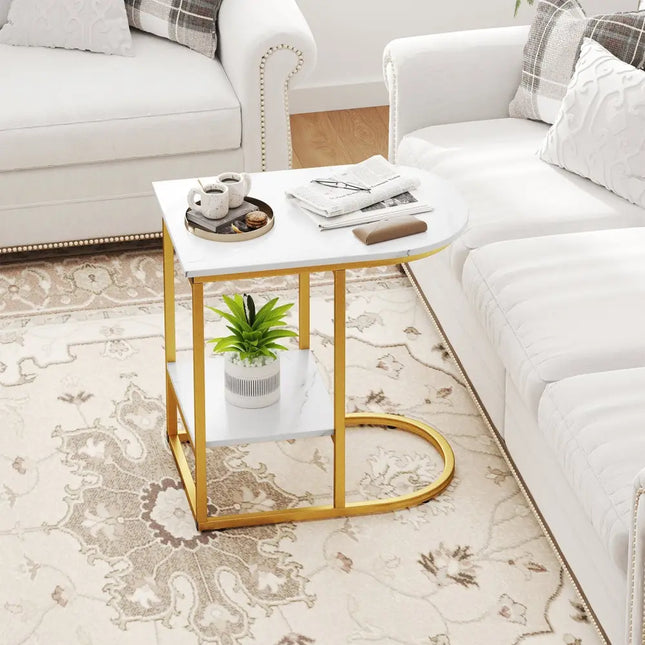 C-shaped Modern Sofa Side Table with Faux Marble Tabletop and Storage Shelf-White - White - End & Side Tables