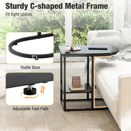C-shaped Modern Sofa Side Table with Faux Marble Tabletop and Storage Shelf-Black - Black - End & Side Tables