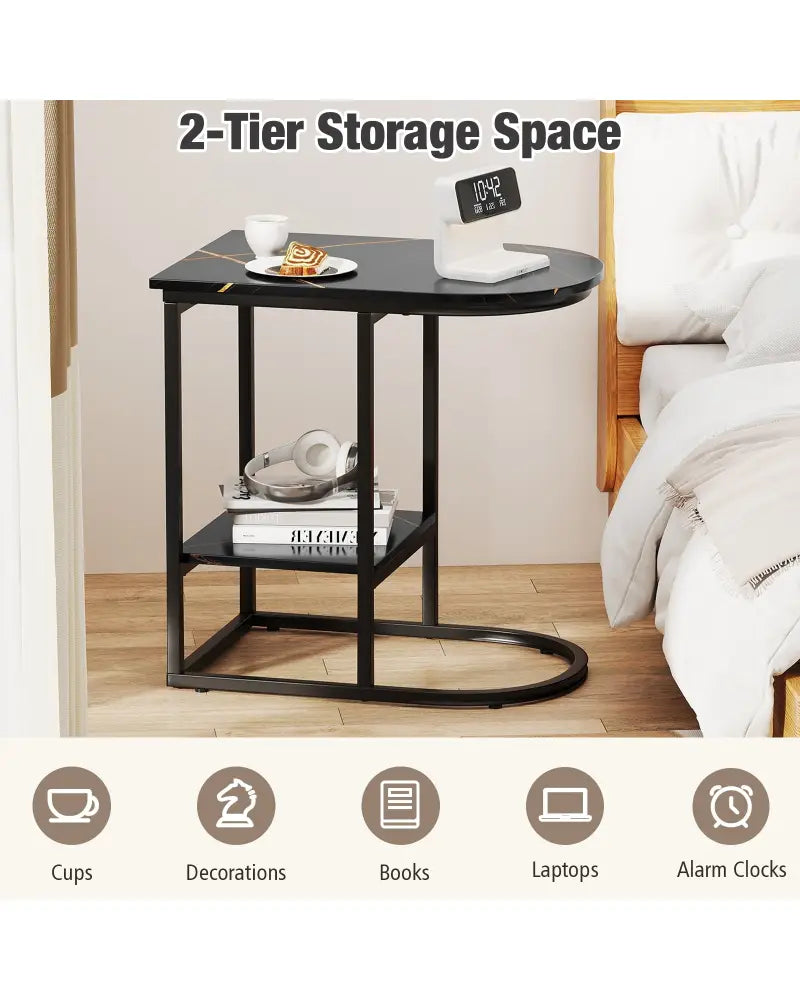 C-shaped Modern Sofa Side Table with Faux Marble Tabletop and Storage Shelf-Black - Black - End & Side Tables