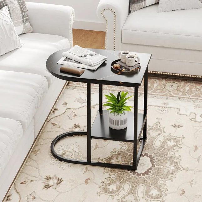 C-shaped Modern Sofa Side Table with Faux Marble Tabletop and Storage Shelf-Black - Black - End & Side Tables