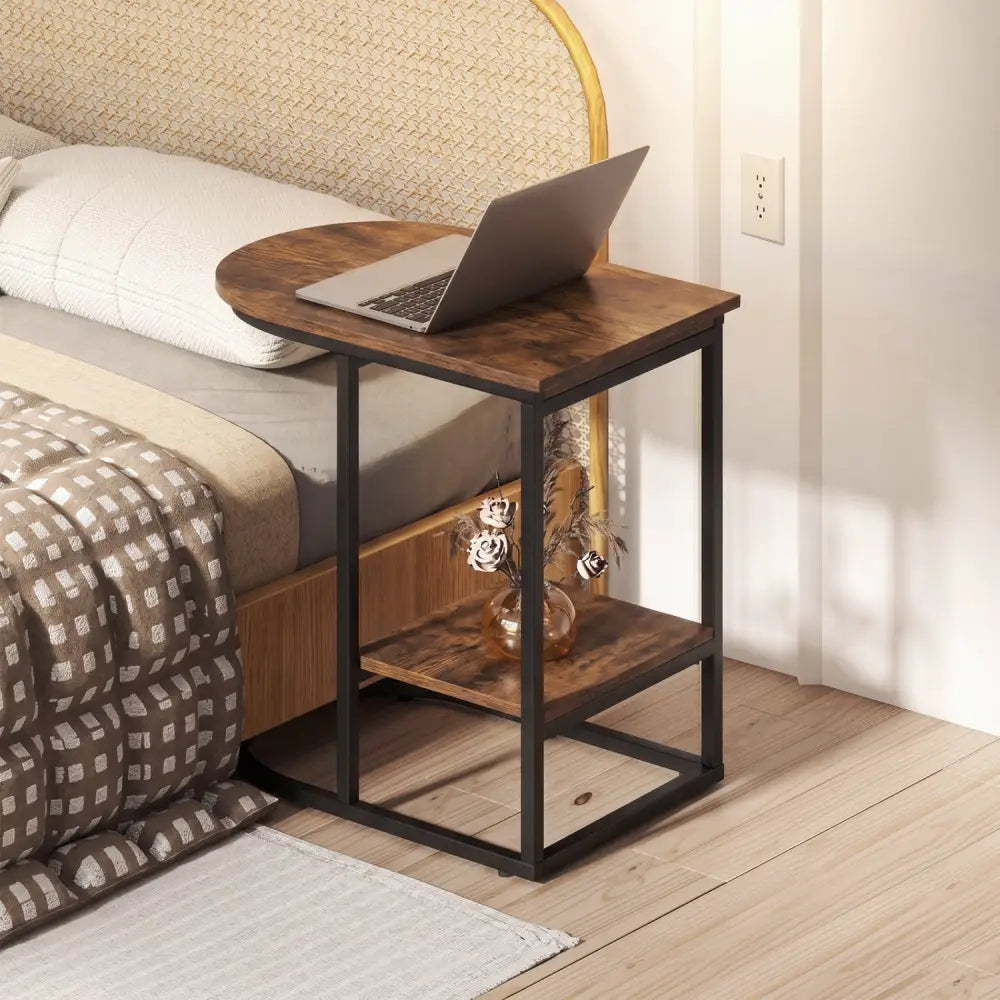 C-shaped Modern Sofa Side Table with Faux Marble Tabletop and Storage Shelf-Rustic Brown - Rustic Brown - End & Side