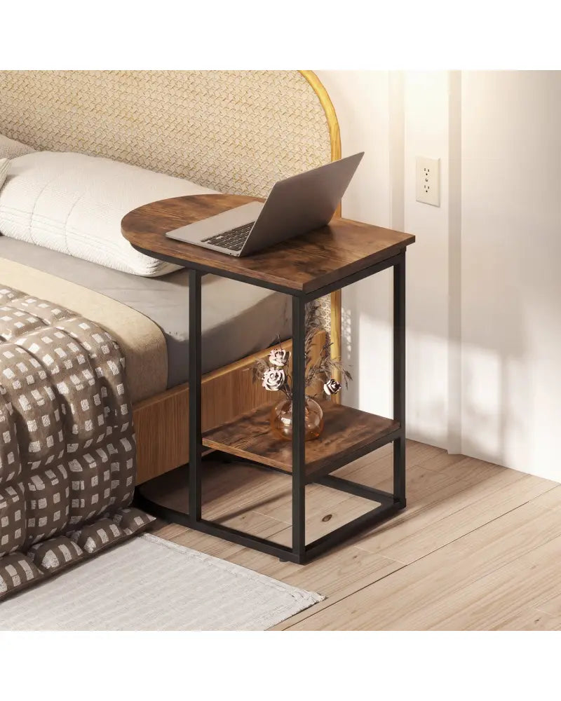 C-shaped Modern Sofa Side Table with Faux Marble Tabletop and Storage Shelf-Rustic Brown - Rustic Brown - End & Side