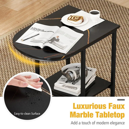 C-shaped Modern Sofa Side Table with Faux Marble Tabletop and Storage Shelf-Black - Black - End & Side Tables