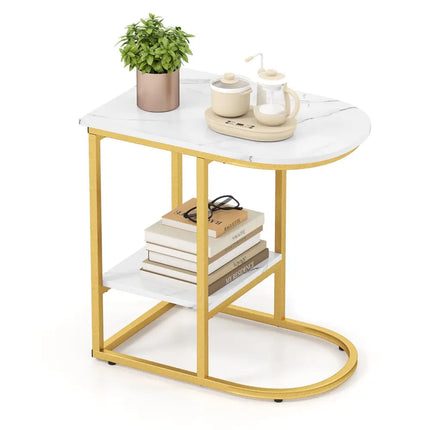 C-shaped Modern Sofa Side Table with Faux Marble Tabletop and Storage Shelf-White - White - End & Side Tables