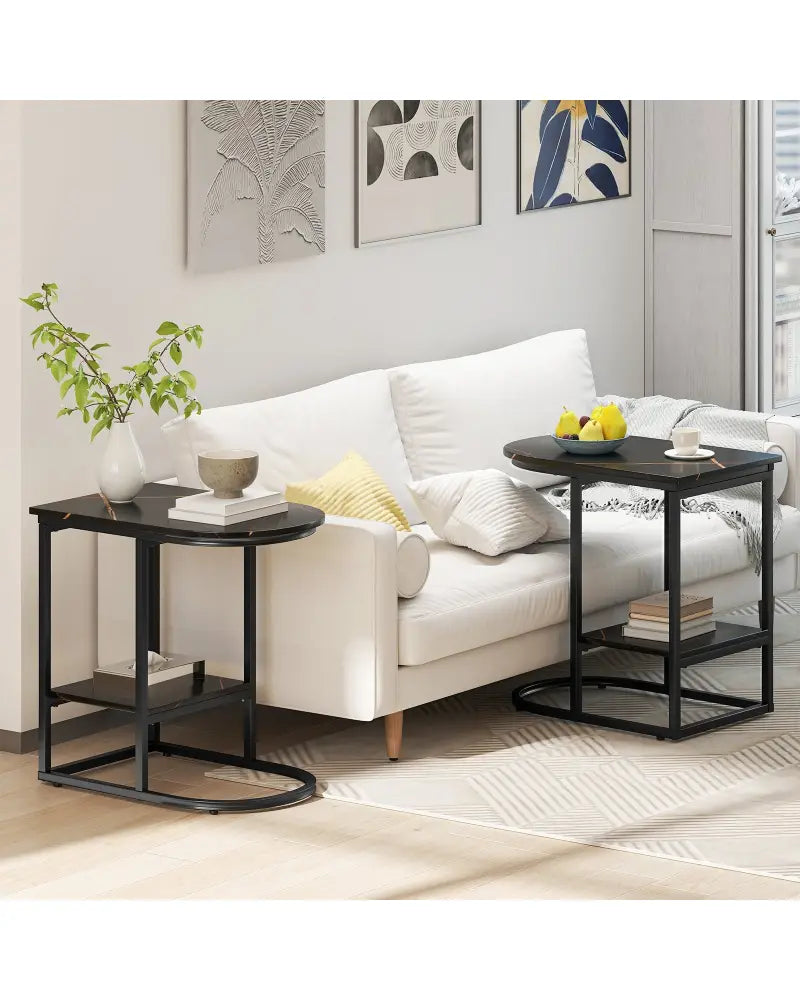 C-shaped Modern Sofa Side Table with Faux Marble Tabletop and Storage Shelf-Black - Black - End & Side Tables