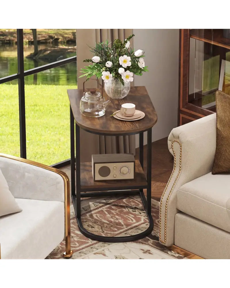 C-shaped Modern Sofa Side Table with Faux Marble Tabletop and Storage Shelf-Rustic Brown - Rustic Brown - End & Side
