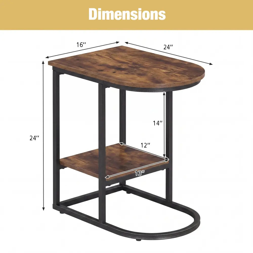 C-shaped Modern Sofa Side Table with Storage Shelf Faux and Marble Tabletop -Rustic Brown - Rustic Brown - End & Side