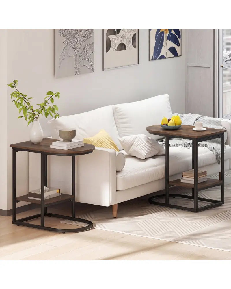 C-shaped Modern Sofa Side Table with Storage Shelf Faux and Marble Tabletop -Rustic Brown - Rustic Brown - End & Side